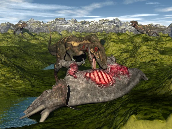 Nanotyrannus comiendo dinosaurio triceratops - 3D render — Foto de Stock