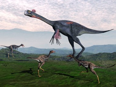 Gigantoraptor ve küçük mononykus Dinozorların - 3d render