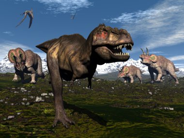 Tyrannosaurus rex triceratops Dinozorların - 3d render tarafından saldırıya