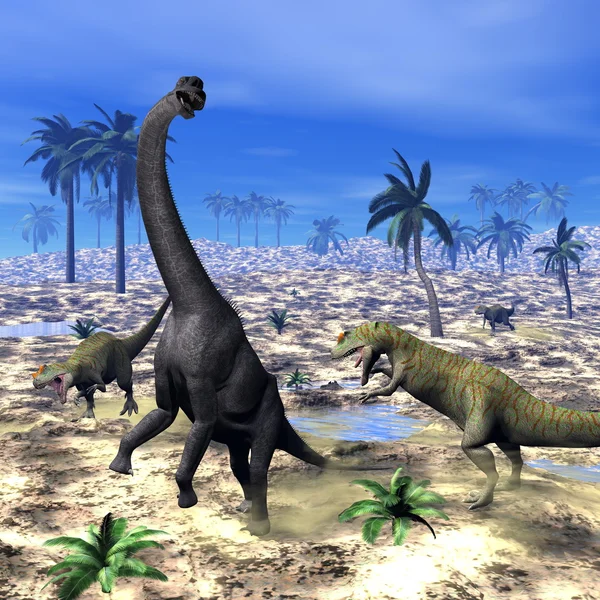 Allosaurus atacando dinosaurio braquiosaurio - 3D render — Foto de Stock