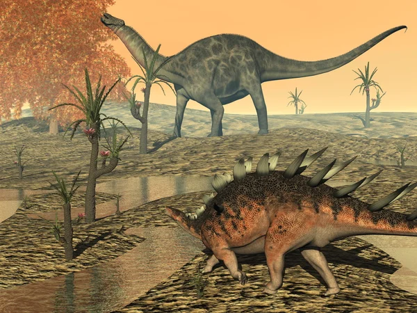 Dicaeosaurus y dinosaurios kentrosaurus - 3D render — Foto de Stock