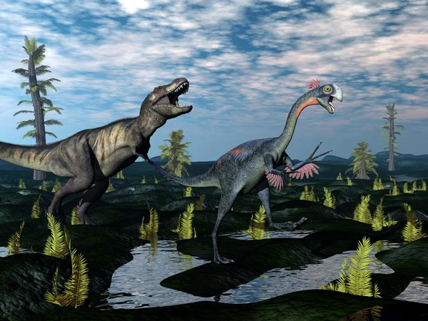 Tyrannosaurus rex atacando dinossauro gigantoraptor - renderização 3D — Fotografia de Stock