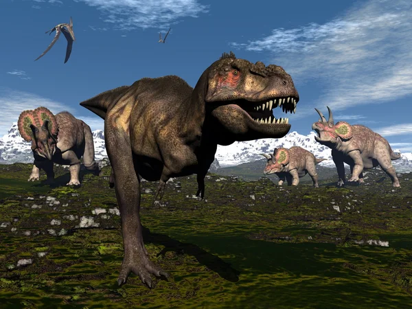 Tyrannosaurus rex attacked by triceratops dinosaurs - 3D render — Stock Photo, Image