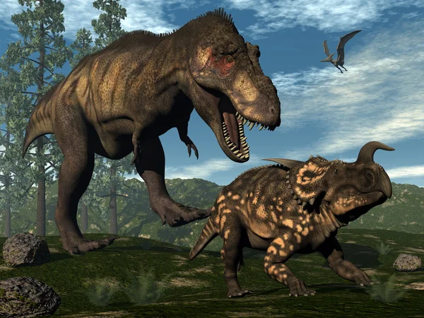 Tyrannosaurus rex attacking einiosaurus dinosaur - 3D render — Stock Photo, Image