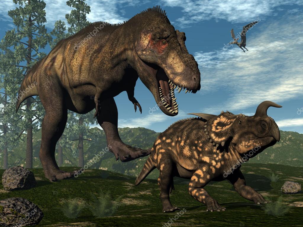 Tyrannosaurus rex attacking einiosaurus dinosaur - 3D render â Stock Photo © Elenarts #64087583