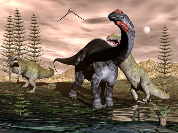 Allosaurus atacando a dinosaurio apatosaurio - 3D render — Foto de Stock