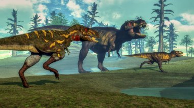 Küçük tyrannosaurus - 3d render avcılık Nanotyrannus