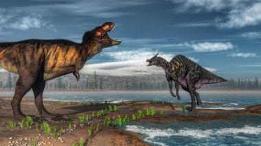 Tyrannosaurus rex and saurolophus dinosaurs - 3D render clipart