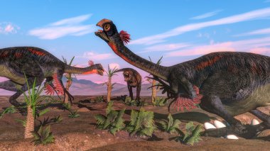 Tyrannosaurus rex gigantoraptor dinozor ve yumurta - 3d render saldıran