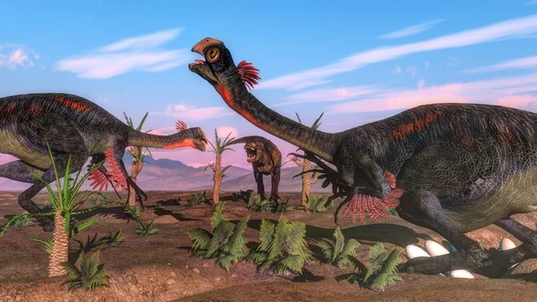 Tyrannosaurus rex attacking gigantoraptor dinosaur and eggs - 3D render — Stock Photo, Image