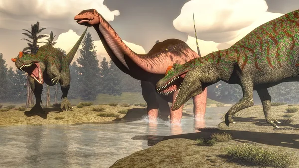 Az Allosaurus vadászat nagy brontosaurus dinoszaurusz - 3d render — Stock Fotó