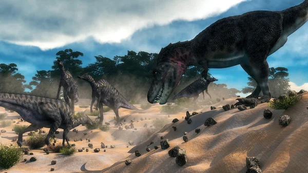 Saurolophus caça dinossauro tarbosaurus - renderização 3D — Fotografia de Stock
