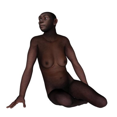 Kadın homo erectus - 3d render oturan