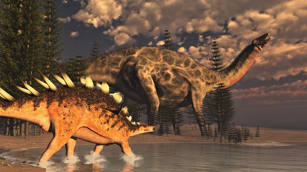 Dicraeosaurus y dinosaurios kentrosaurus - 3D render — Foto de Stock