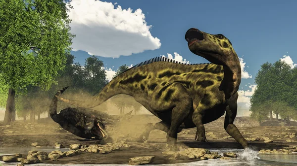 Shantungosaurus defendiéndose del ataque de dinosaurios tarbosaurus - 3D — Foto de Stock
