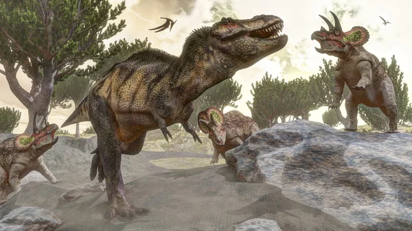 Tyrannosaurus rex escapando del ataque triceratops - 3D render — Foto de Stock