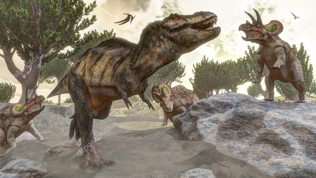 Tyrannosaurus rex escaping from triceratops attack - 3D render â Stock Photo © Elenarts #78648120