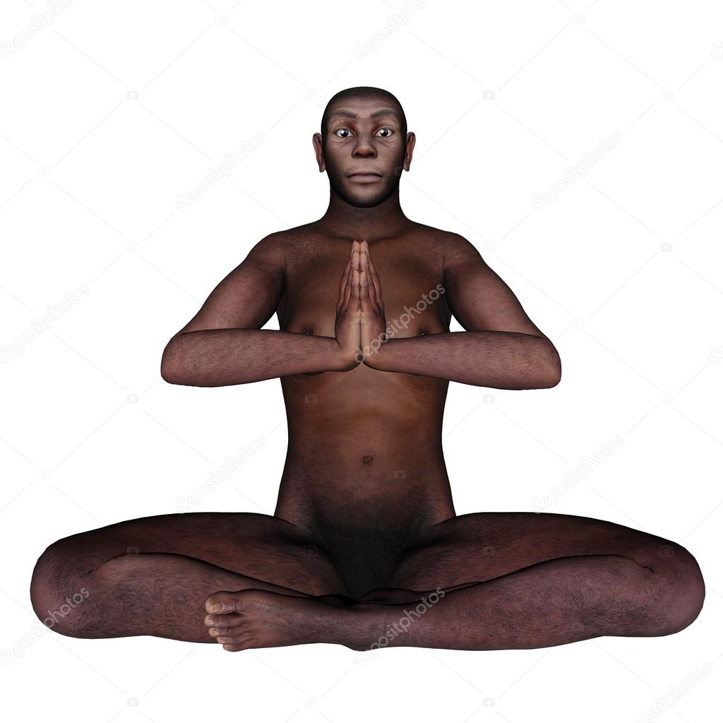 Female homo erectus sitting in meditation - 3D render