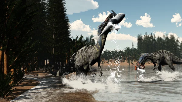 Suchomimus dinosaurios pescando peces y tiburones - 3D render — Foto de Stock