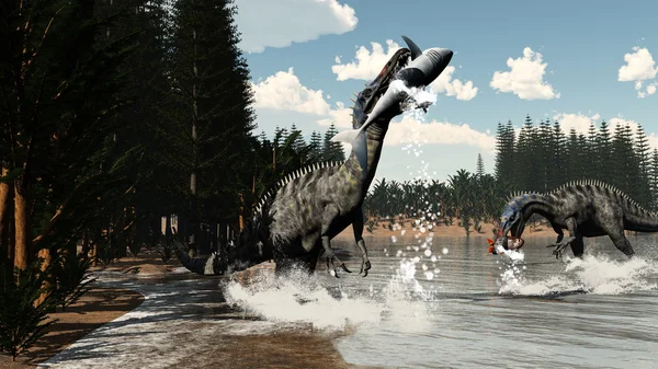 Dinosaures Suchomimus pêchant le poisson et le requin - rendu 3D — Photo