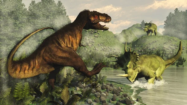 Tyrannosaurus rex styracosaurus dinozor - 3d render karşı mücadele — Stok fotoğraf