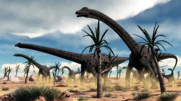 Diplodocus dinosaurs herd in the desert - 3D render — Stock Photo, Image