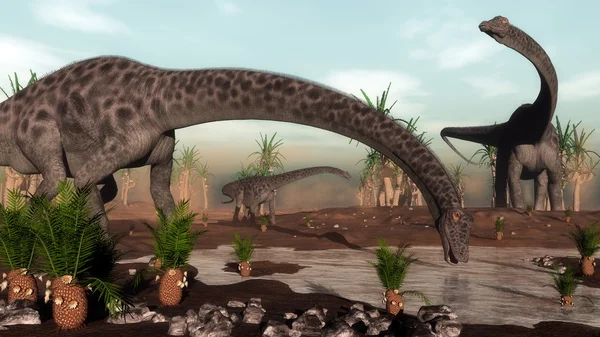 Diplodocus dinosaurios manada va a beber - 3D render — Foto de Stock