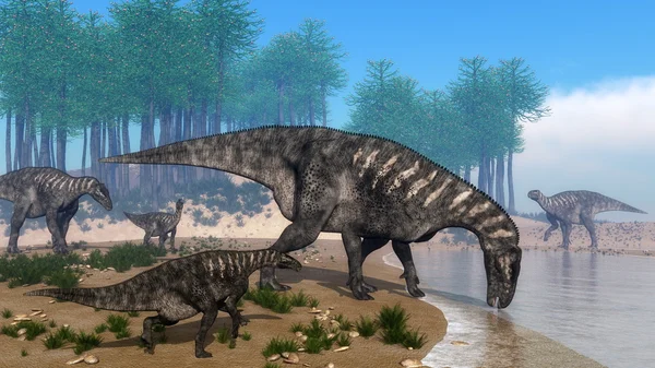 Iguanodon dinosaurs herd at the shoreline - 3D render — Stock Photo, Image