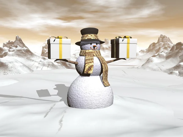 Snowman holding two big gifts - 3D render — Stock Photo, Image