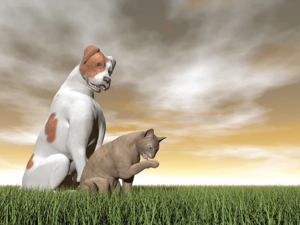 Pes a kočka - 3d vykreslení přátelství — Stock fotografie