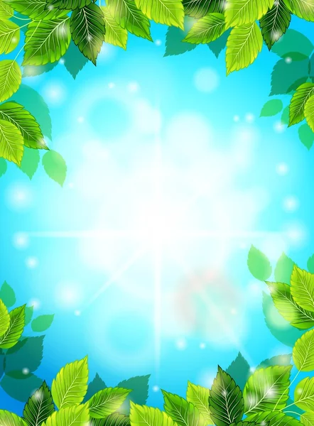 Fondo realista de primavera brillante, cielo azul, hojas verdes. Los rayos del sol, el resplandor, el brillo. Plantilla para diseño web. Ilustración vectorial — Archivo Imágenes Vectoriales