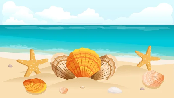 Vector illustration travel postcard, leaflet, the beach, the sea, the composition of shells. — Stock Vector