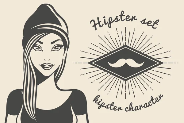 Fondo vintage hermosa chica hipster estilo. Texto estilo Hipster Sunburst. Ilustración vectorial — Vector de stock