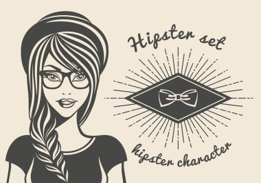 Vintage background beautiful woman in a hat hipster, hipster style Sunburst text. Vector illustration clipart