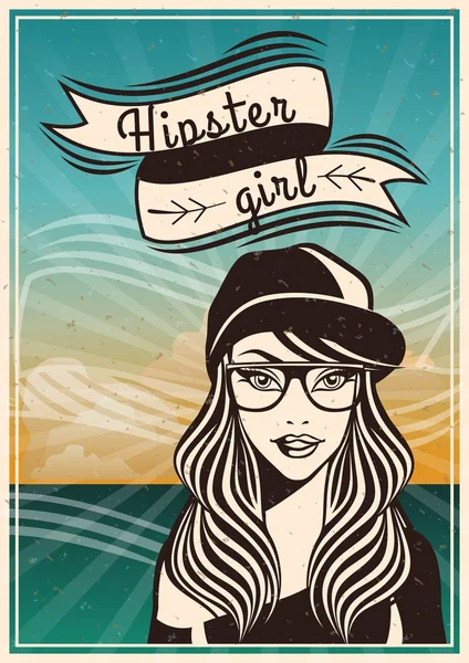 Fondo vintage hermosa chica hipster estilo. Fondo Shabby con pinceles grunge. Cinta de moda en estilo hipster con texto. Ilustración vectorial — Archivo Imágenes Vectoriales