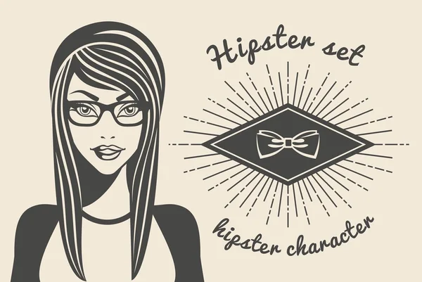 빈티지 배경 hipster 스타일 햇살 텍스트 모자 hipster에 세련 된 옷, 아름 다운 여자. 벡터 일러스트 레이 션 — 스톡 벡터