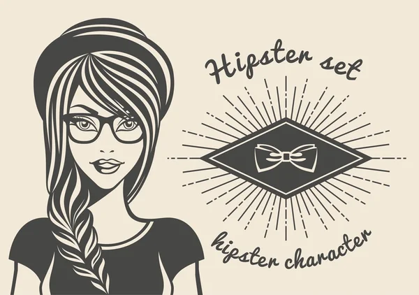 Vintage background beautiful woman in a hat hipster, hipster style Sunburst text. Vector illustration — Stock Vector