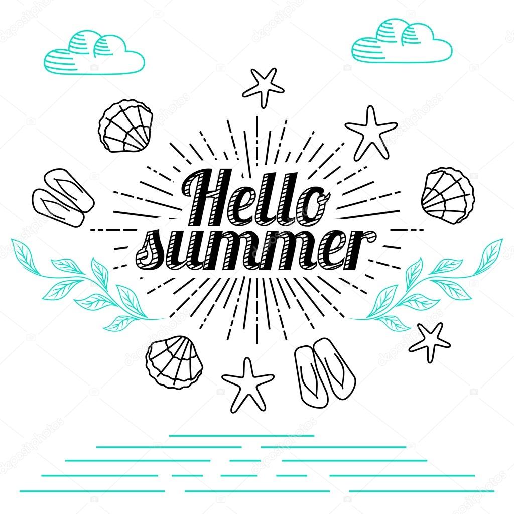 Hand drawings Holidays, Sunburst lettering, shells, shoes, starfish, summer holiday, vector illustration. The sky in the summer typography background. sign the letter