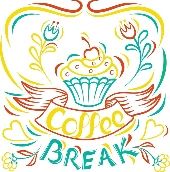 Coffee break. Draw by hand Cake, Motivational poster board. Painted by hand ribbon letter. Vintage style poster. Isolated, vector illustration. — Stock Vector