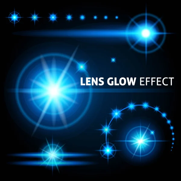 Realistic lens flares and rays flash white orange light on a dark background. Vector illustrations — Stock Vector