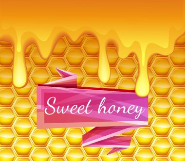 Gerçekçi arka plan peteğin ve damlayan bal ile. Yüksek kaliteli grafikler.