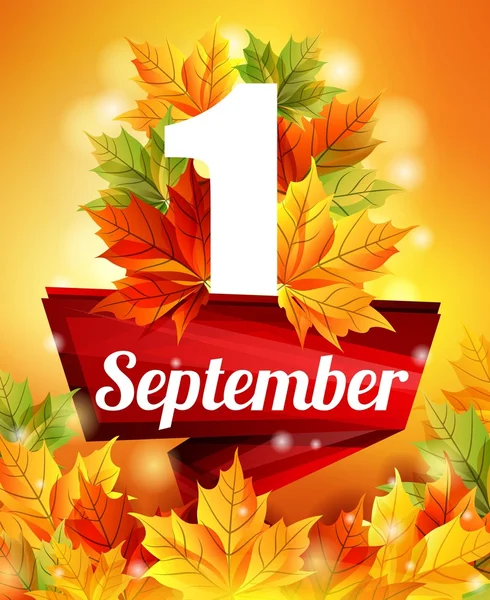 高品质的海报 9 月 1 日，现实秋天的落叶，第一次调用。9 月 1 日的红丝带。股票的矢量图 — 图库矢量图片