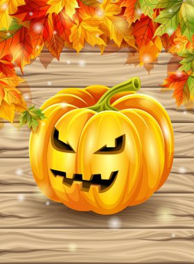 Ahşap Komiteler arka plan üzerinde sonbahar yaprakları, akçaağaç yaprakları, kabak karakter. Vektör çizim.