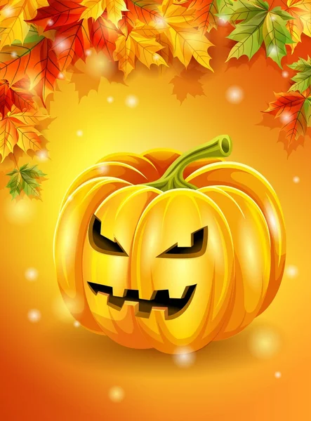 Halloween orange background autumn leaves, pumpkin character. Vector illustration. — Stock Vector