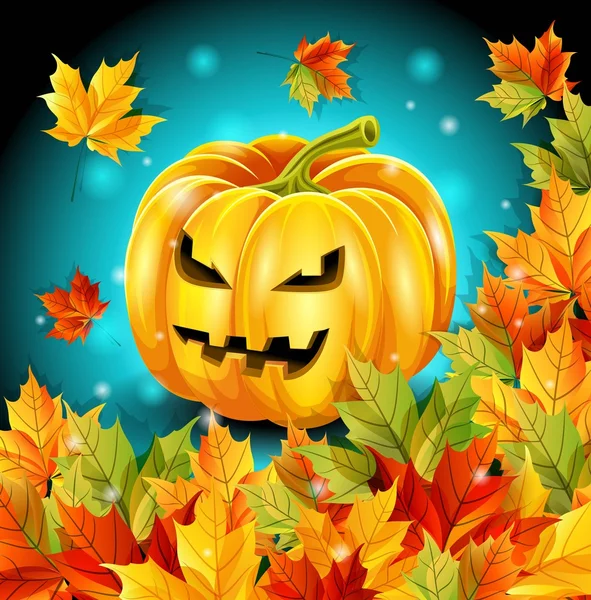 Manifesto di alta qualità per la festa, Halloween, foglie autunnali, personaggio zucca. Illustrazione vettoriale . — Vettoriale Stock
