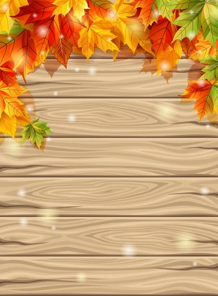Podzimní listí na pozadí dřevěných desek, javorové listy. Vektorové ilustrace. — Stockový vektor