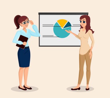 İş adamları, eğitim, iş toplantısı. Kız sunuya bir iş kadını. Vektör çizim