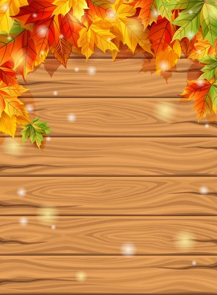 Podzimní listí na pozadí světlých dřevěných prken, javor dekorace design. Vektorové ilustrace — Stockový vektor