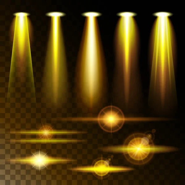 Establecer la luz amarilla realista brillante resplandor brillante de las lámparas, una serie de formas y proyecciones sobre fondo oscuro. Ilustración abstracta del vector — Vector de stock