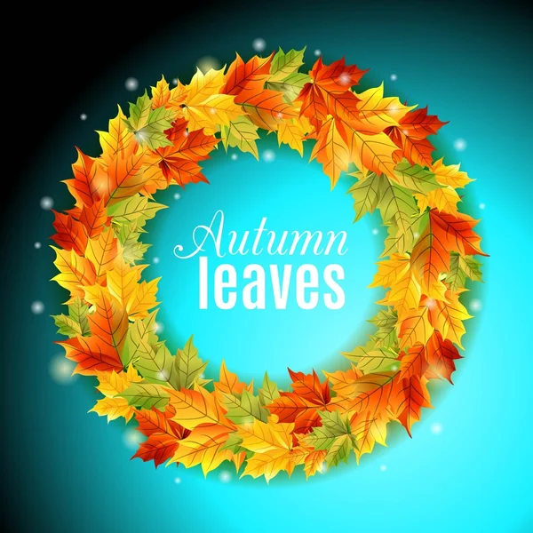 El círculo de hojas de otoño sobre un fondo azul brillante, colores arce, luz, brillo. Ilustración vectorial — Vector de stock